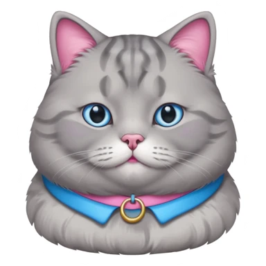 A fat grey cat with a pink collar with blue eyes sticker
