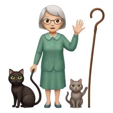 A grouchy old lady with a wooden cane in her hand waving it in the air shouting out "Stay Off My Lawn!" Hair Is short brown with some grey in it eyes are brown also  a pure black cat with big green eyes sitting on her left shoulder. The cat has her left paw up sticker