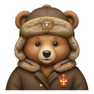 Cute brown bear in Russian fur ushanka hat with coat of arms pin, front view, iOS emoji style sticker