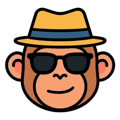 monkey wearing a fedora hat and sunglasses, icon style, clean lines, simple shapes, minimal color, modern look sticker