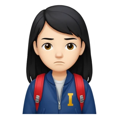 college student with annoyed face , black hair , with navy varsity jacket( initial I)  and  and backpack , girl, long hair,  sticker
