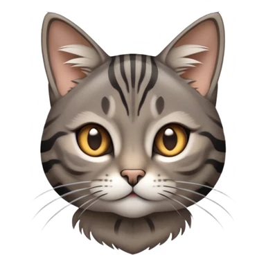 cinematic-cute-grey-and-black-brown-tabby-cat-portrait-emoji,-head-tilted-playfully-and-inquisitively,-sleek-grey-brown-fur-with-bold-black-tabby-stripes-and-a-distinctive-m-shaped-marking-on-the-forehead,-sparkling-amber-eyes,-simplified sticker
