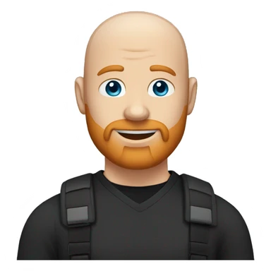 A Bald man with !blue! eyes and a ginger beard, wearing a black v-neck t-shirt. with a warm and welcome round face sticker