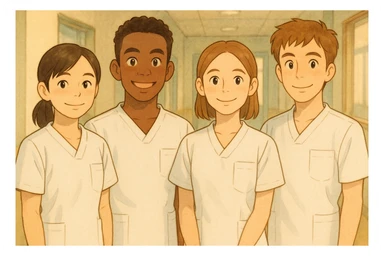 Four nursing students standing side by side, inspired by the faces from provided photos, in a warm Ghibli style. They wear white short-sleeved medical tunics with V-neck collars and left chest pockets, made of light fabrics suitable for hospital or school environments. Friendly atmosphere, soft background evoking a hospital or school setting, no visible underwear or stethoscopes. sticker