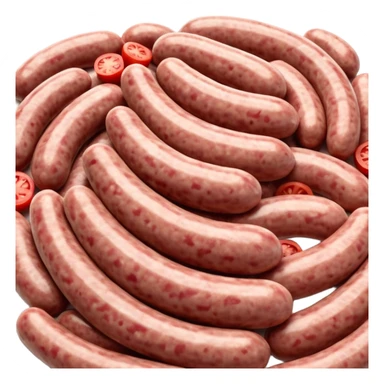 portion of raw sausage filling, coarse grind, pink-red meat, visible white fat, moist uneven texture, natural color variation, unprocessed look, clean 3D rendering, soft light, subtle shadow, no background elements, no anthropomorphic features, transparent background, emoji scale sticker