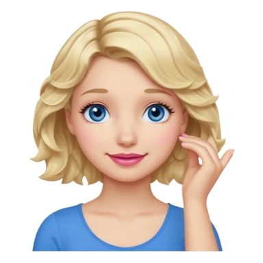 Girl Blonde short wavy hair,  blue eyes, cute blue top, long lashes, pink lips, smiling, 🤦🏻‍♀️ sticker