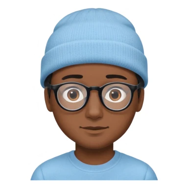 A boy or man emoji with medium-dark skin, wearing a light blue beanie and black-framed glasses, with brown eyes, dark eyebrows, a small nose, and a subtle smile on a clean-shaven face. sticker