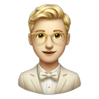 19 years old boy like a gentleman white skin tone. With golden optic glasses. Wearing old money style sticker