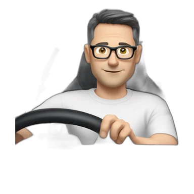 middle-age-lean-white-man-with-black-short-hair-&-glasses-wearing-blackt-shirt-inside-black-tesla-model-3, at the wheel, front view sticker
