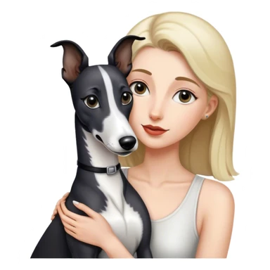 A black and white greyhound sniffing a woman sticker