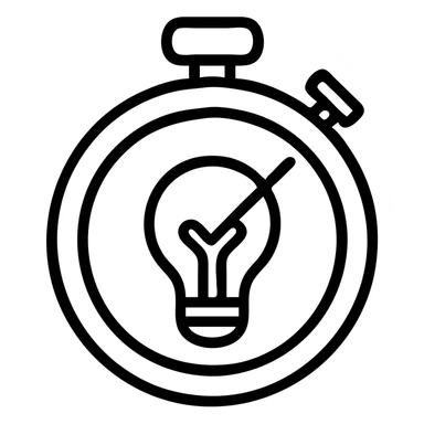minimalist vector icon of a classic stopwatch with circular thick rim, crown at 12 o'clock, start/stop button on side, with a classic incandescent lightbulb inside the face, stopwatch hand pointer overlaps the bulb for a dynamic effect, clean modern vector art, single dark gray color, no gradients or shadows, bold clear outlines, lightbulb is the focal point sticker