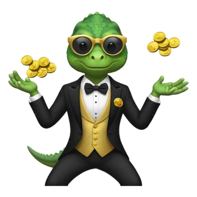 capitalist iguana banker in tuxedo and black sunglasses jongling with coins sticker