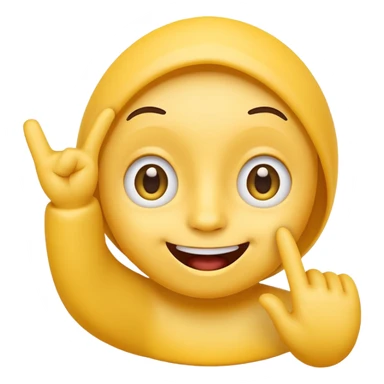 cute, playful emoji character inspired by the 🙃 upside-down face style. Rounded yellow face, big expressive eyes, cheerful smile with mouth slightly open. One hand raised with a finger gently touching the inside of the mouth in a thinking / cheeky gesture (not sexual). sticker