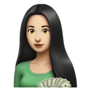 hyperrealist caucasian girl black long hair holding money sticker