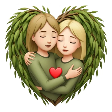 heart-shaped weeping willow tree surrounding two friends hugging in a comforting way, supportive embrace, with small heart symbol sticker
