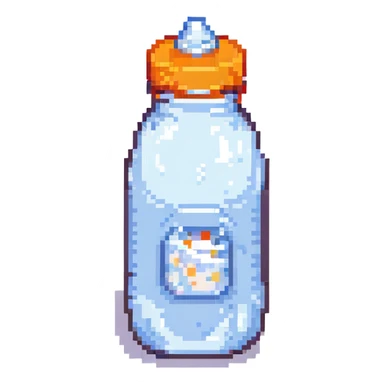 pixel art baby bottle containing milk with orange lid sticker