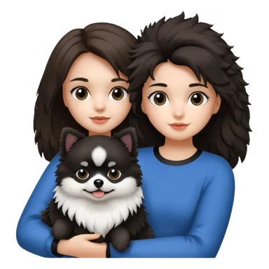 A brunette hair girl holding a black and white 1 Pomeranian dog who has black face but in the middle it’s white line sticker