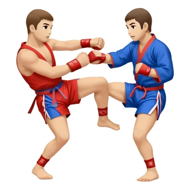 An icon symbolizing Sambo, featuring two fighters in blue and red kimonos with shorts and wrestling shoes. One executes a powerful throw, while the other attempts a defensive grab. The fighters are engaged in a grapple, using joint locks and sweeps.  sticker
