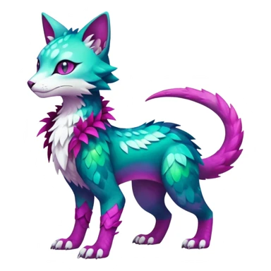 Kawaii cute colorful iridescent deep-dark-turquoise-green and magenta and white beautiful pretty elegant divine edgy feline-vernid-sergal-Fakémon-Pokémon-fursona-animal-creature with accessories, full body, with intricate detailed markings sticker