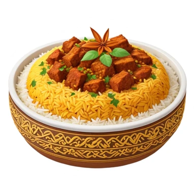 Cinematic Realistic Biryani Dish Emoji, depicted as aromatic basmati rice layered with spiced meat and herbs rendered with vibrant textures and warm, inviting lighting. sticker
