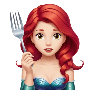 Disney Ariel mermaid with red hair holding a fork, curious expression sticker