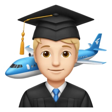 emoji man student at university with graduation cap and airplane, happy, programme erasmus,white background sticker