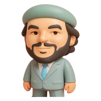 Che Guevara in a suit and tie, oversized head, confident smile, vinyl figure style sticker
