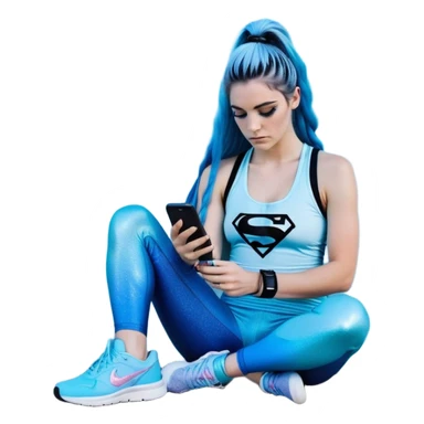 Shameful and disappointed-Female-very very very large chest-texting on a samsung cell phone-very long straight braided black to sky blue hair ombre-blue eyes-black eyeliner-long eyelashes-iridescent sky blue low cut tank top with glitter superman logo-matching leggings-nike hightop sneakers sticker