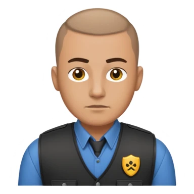 Security guard with buzzcut, vest on with button up underneath sticker