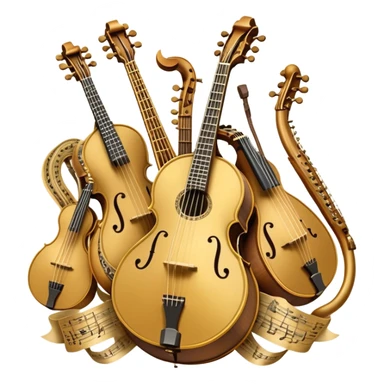 Create a grand, heraldic-style emoji collage representing plucked string instruments. The design should resemble a majestic emblem, featuring a collection of iconic instruments such as a banjo, mandolin, domra, sitar, and other plucked string instruments. Arrange the instruments symmetrically, with their necks and strings intertwining gracefully like a coat of arms. A flowing ribbon of musical notes should elegantly weave through the instruments, creating a sense of harmony and movement. The emblem should have a luxurious, golden and bronze color palette with intricate decorative elements, adding depth and a professional touch. Subtle lighting effects should highlight the polished wood and metal strings of the instruments. The background should be transparent, making the design adaptable for various uses sticker