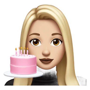 White girl with blonde straight hair, pink lips, dark eyes, black turtleneck, white and pink birthday cake in hands sticker