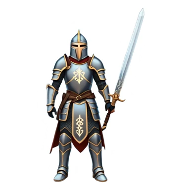 An icon representing RPG, inspired by Elden Ring. The design features a warrior in armor, holding a sword, standing in front of a mystical, dark landscape with glowing runes and a distant castle. The atmosphere evokes epic quests, exploration, and intense battles. Transparent background sticker