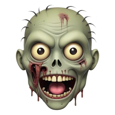 Cinematic Comical Zombie Portrait Emoji, with a grotesquely exaggerated yet playful decaying face in muted ashen tones, head cocked in a dramatically shocked expression with wildly comical, googly eyes and a gaping, silly grin revealing quirky stitches, simplified yet hilariously expressive, highly detailed with a soft eerie glowing outline capturing the absurd humor of a zombie in comic disbelief! sticker
