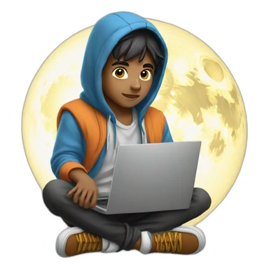 Indian boy wearing a hoodie with laptop sitting on saturn sticker
