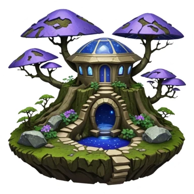 Crashed Alien saucer-castle jungle winding trail mountainside getaway haunted nighttime hobbit landscape antique mudman very old broken cracked intricate Stone Age lapis-crusted irregular dodecagon-shaped shallow dark moss rough bark violet flowered maple treehouse bonsai Saikei sticker
