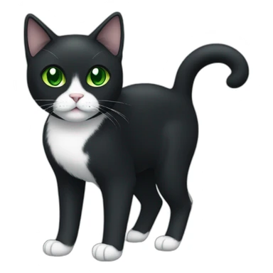 A black cat with green eyes with a white mustache, with a thin white stripe on the nose on the right side, with a full-length white breast and white paws sticker