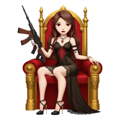Lilith female red eyes symbol. Tattoo arms. Her hair is brown straight long hair.wearing sexy long  lace dress with slit. black stiletto platform high heels shoes on. Sitting on gold throne with rubies sniper rifle in one hand cash in other hand sticker