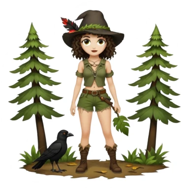 full body woman short curly brown mullet hair brown eyes white skin sexy forest rogue with torn leaf shorts and crow hat sticker