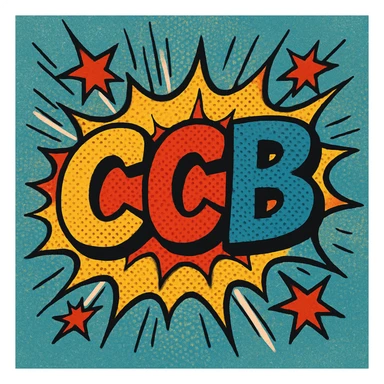 letters CCB in a vibrant, animated comic style, with action lines and colorful effects sticker