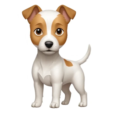 a full body white parson russell looking dog the size of a kelpie with light brown ears and a light brown patch on one eye and a large snout sticker