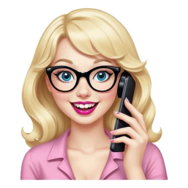 Pin up Woman with pale skin, wider face, blue eyes with eyeliner, thin eyebrows, long black eyelashes, pink lipstick, blonde wavy hair with bangs, wearing black glasses. Laughing on a mobile phone  sticker