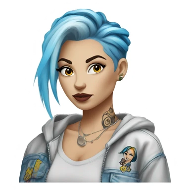 Eastern European Lady wearing trendy graffiti street clothes with blonde hair with highlights and a blue dyed hair streak and tattoos sticker