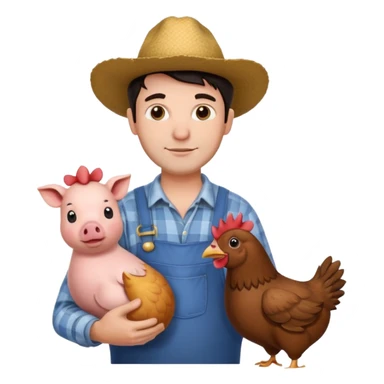 UN HOMBRE VESTIDO DE GRANJERO PIEL CLARA Y PELO OSCURO CON UNA GALLINA UN CERDO Y UNA VACA ALREDEDOR sticker