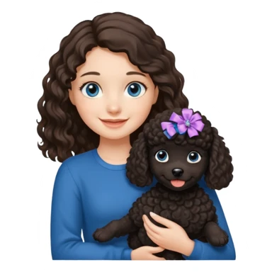 Brunette girl with long wavy hair and blue eyes holding black puppy poodle with brown eyes sticker