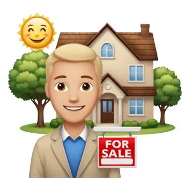 emoji de bienes y raices, un hombre y una casa en "venta for sale" sticker