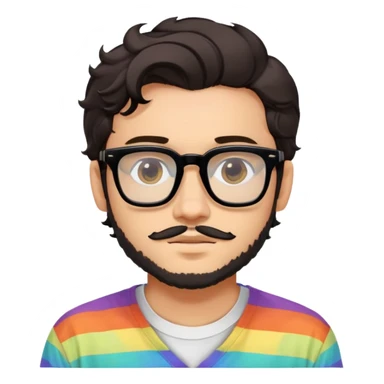 young adult man with light skin, short beard, dark wavy hair, relaxed expression, very wide rectangular glasses with thick black acetate frame and thick double bridge, retro oversized style, colorful open shirt and white t-shirt sticker