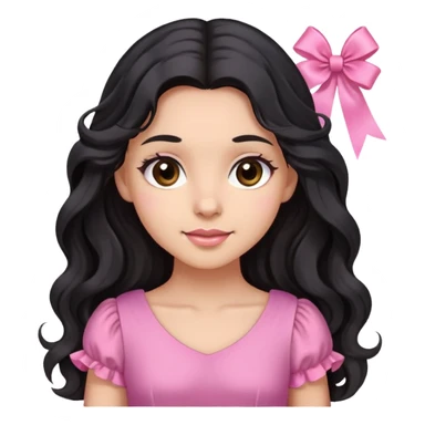 Beautiful girl with long wavy black hair, brown eyes, light skin, slight smile, pink ribbon in hair, and pink dress sticker