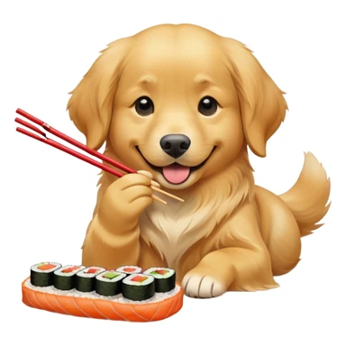 A happy golden retriever eating a colorful sushi roll with chopsticks, wagging its tail, anime-style emoji, vibrant colors, simple and cute sticker