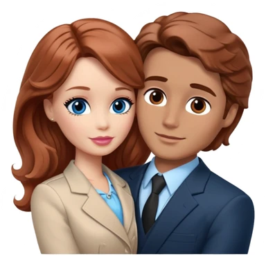 Barbie girl  , eyes blue , Chestnut red long wavy hair In pale beige clothes, Hugs a man with brown hair short haircut, brown eyes , and a black suit sticker