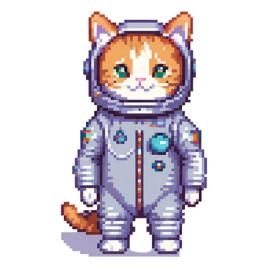 cat wearing a space suit, retro video game look, simple and cute sticker